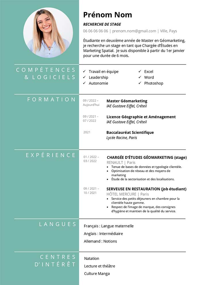 Modele de CV standard pro pour etudiant sans experience recherchant premier emploi